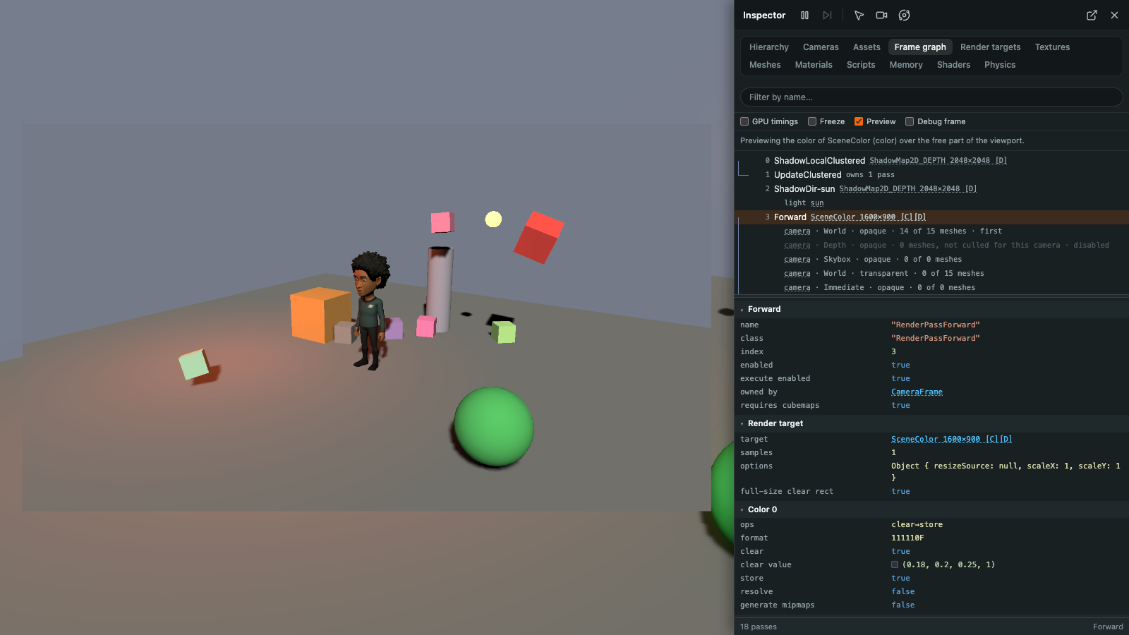 フォワードパスを選択し、そのレンダーターゲットをビューの上にプレビューしているFrame graphタブ