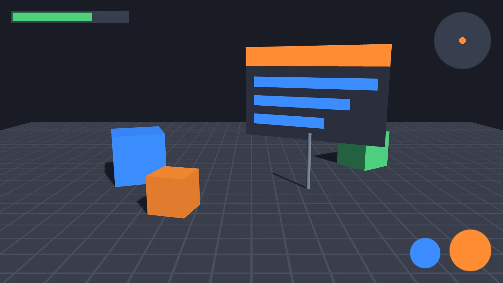 パネルが立っている3Dシーンを遠近法で見た図と、ビューの上に描画された、バーとボタンのある平面的なHUD